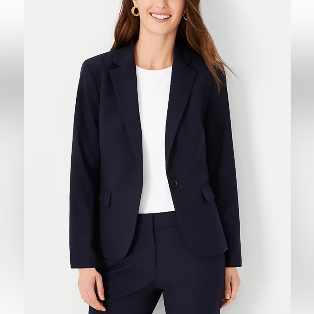 Ann Taylor One Button Blazer in Seasonless Stretch - Dark Navy